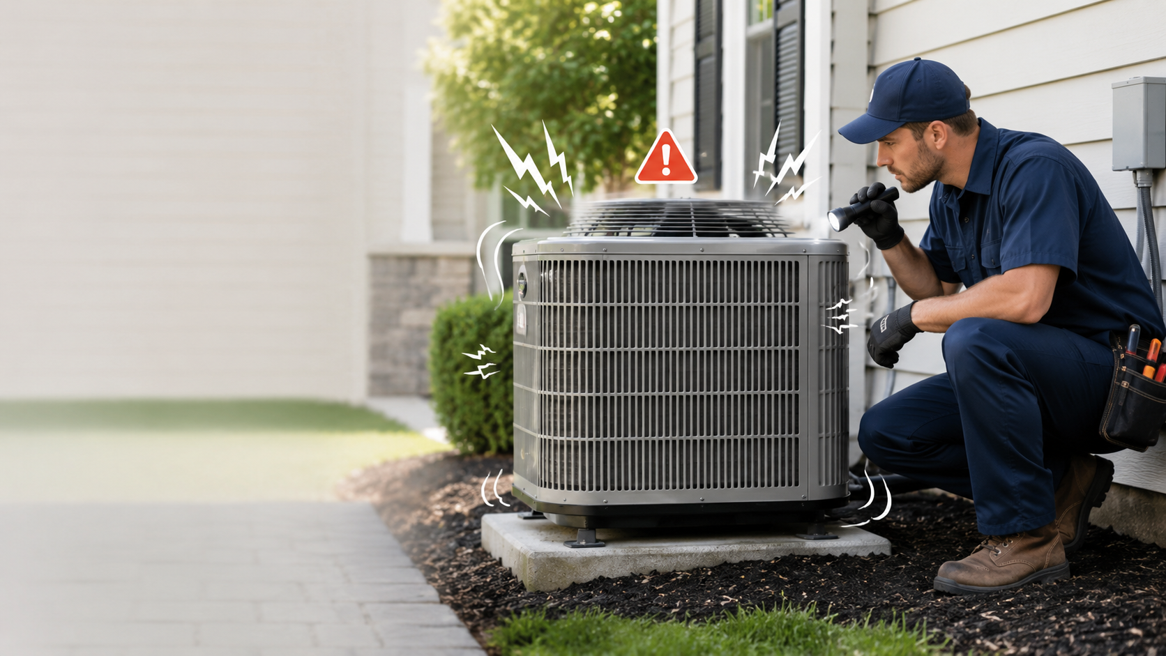 HVAC technician inspecting outdoor AC condenser making loud banging or rattling noise beside a residential home.AC Making a Loud Banging or Rattling Noise? Here’s fixed it