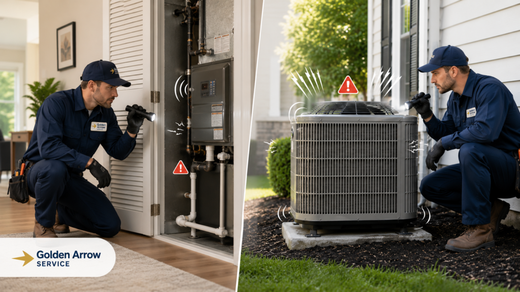 AC Making a Loud Banging or Rattling Noise?Golden Arrow Service technician checking indoor and outdoor AC units to find the source of loud rattling or banging noise.