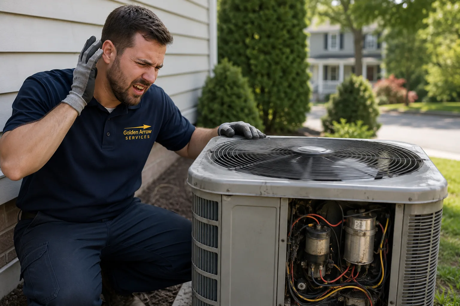 HVAC technician wearing a Golden Arrow Services uniform inspecting a noisy outdoor air conditioning unit at a residential home in Vienna, Virginia, diagnosing a loud banging or rattling AC problem.