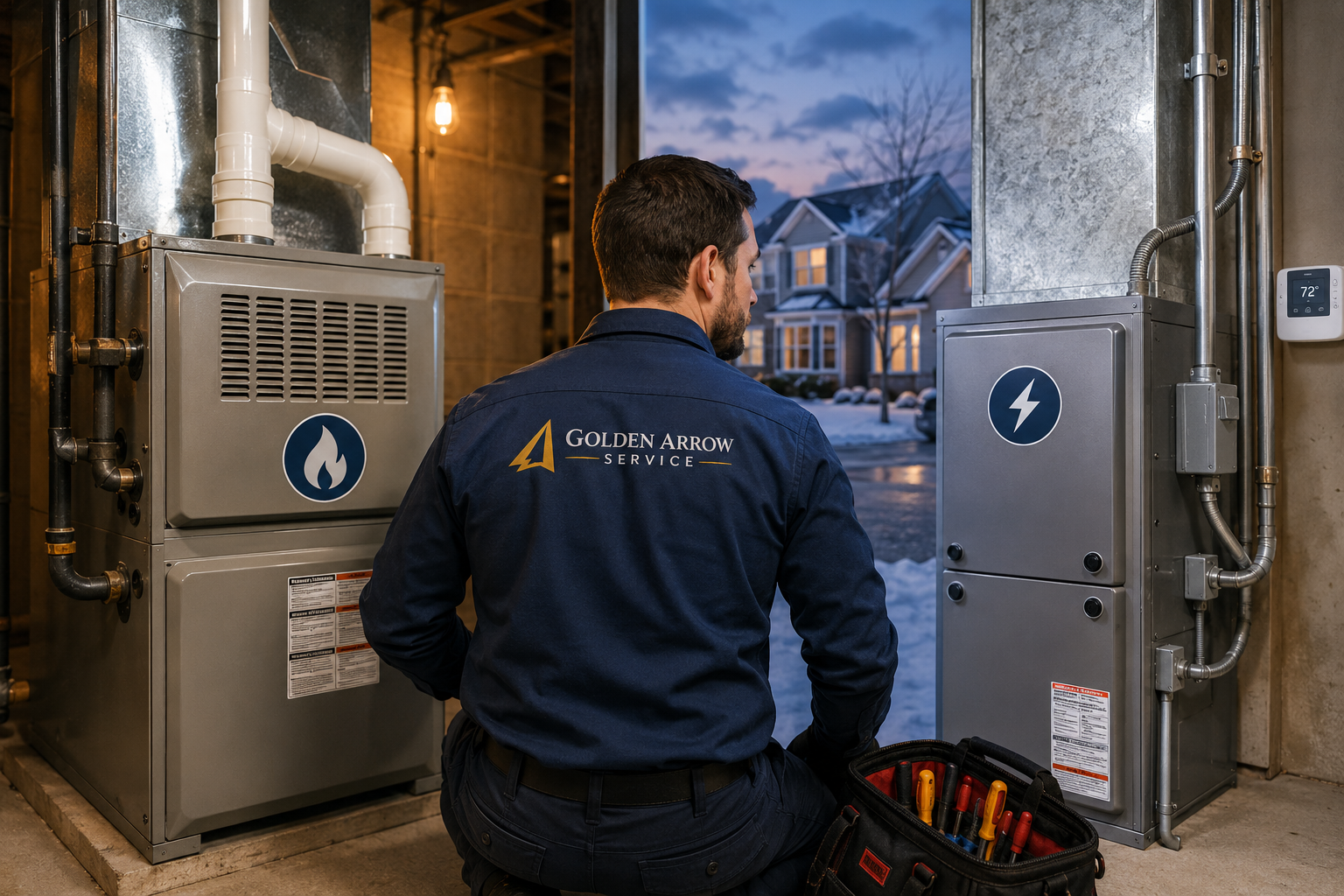 Golden Arrow Service technician comparing gas furnace and electric furnace systems in a Northern Virginia home HVAC setup.