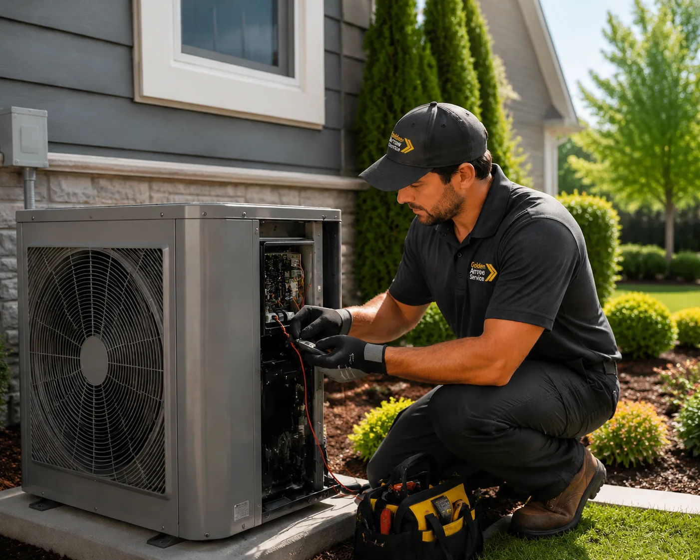 HVAC technician from Golden Arrow Service repairing an outdoor heat pump unit beside a suburban home in Northern Virginia, showing professional heating and cooling maintenance service.