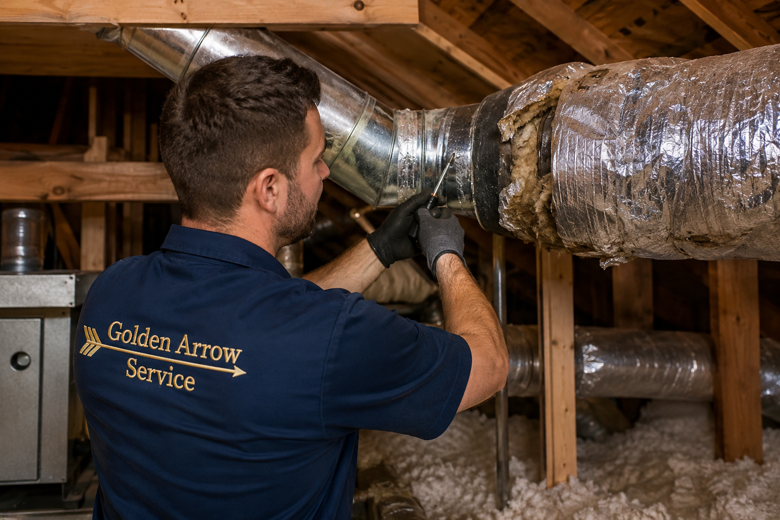 Golden Arrow Service technician inspecting aging HVAC ductwork in a Northern Virginia attic to identify leaks, insulation damage, and replacement needs