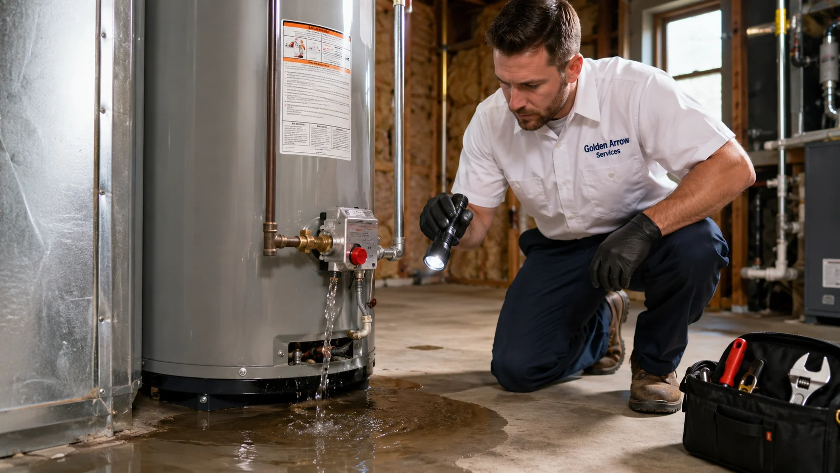 Golden Arrow Services technician inspecting a leaking water heater in a Northern Virginia home utility room.