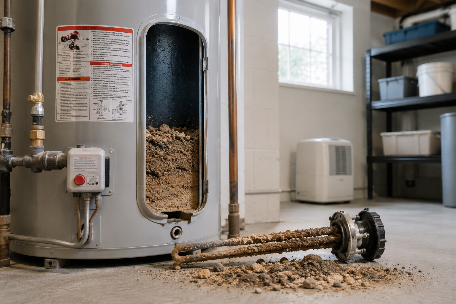 Water Heater Sediment Buildup inside a residential water heater tank showing mineral deposits, a corroded heating element, and hard water damage common in Northern Virginia homes.