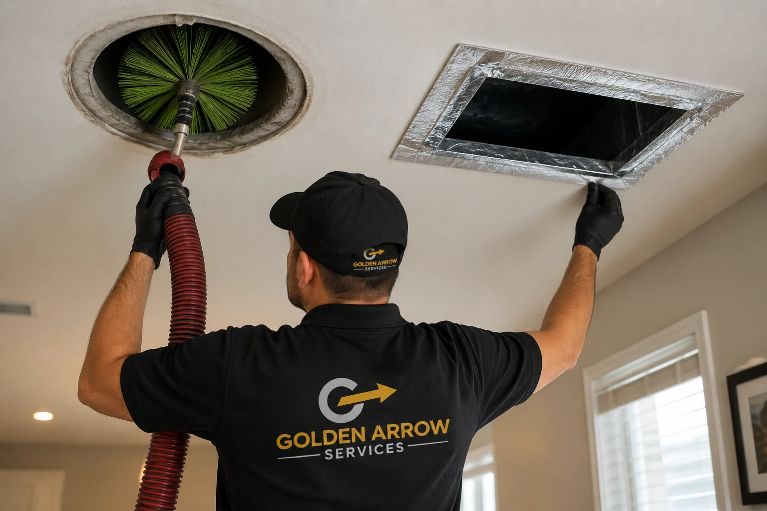 Golden Arrow Services technician cleaning a ceiling air duct while sealing a nearby HVAC duct vent in a residential home.