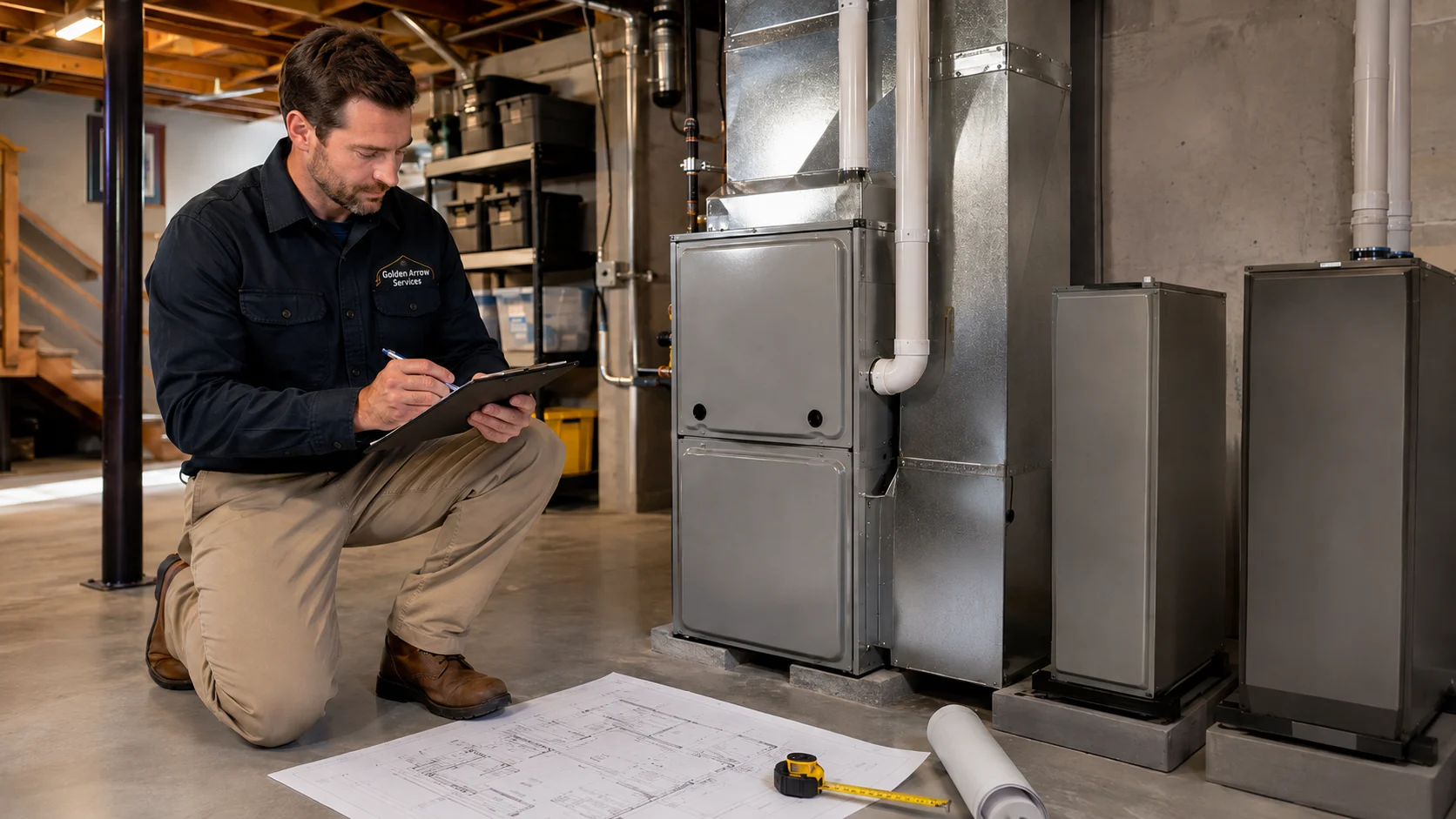 Golden Arrow Services technician inspecting a residential furnace to determine the correct system size