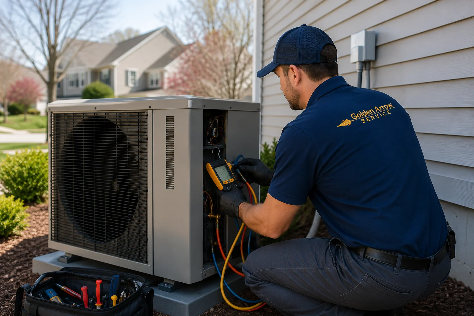 Golden Arrow Service technician diagnosing a residential heat pump that is not heating or cooling properly outside a home in Northern Virginia.