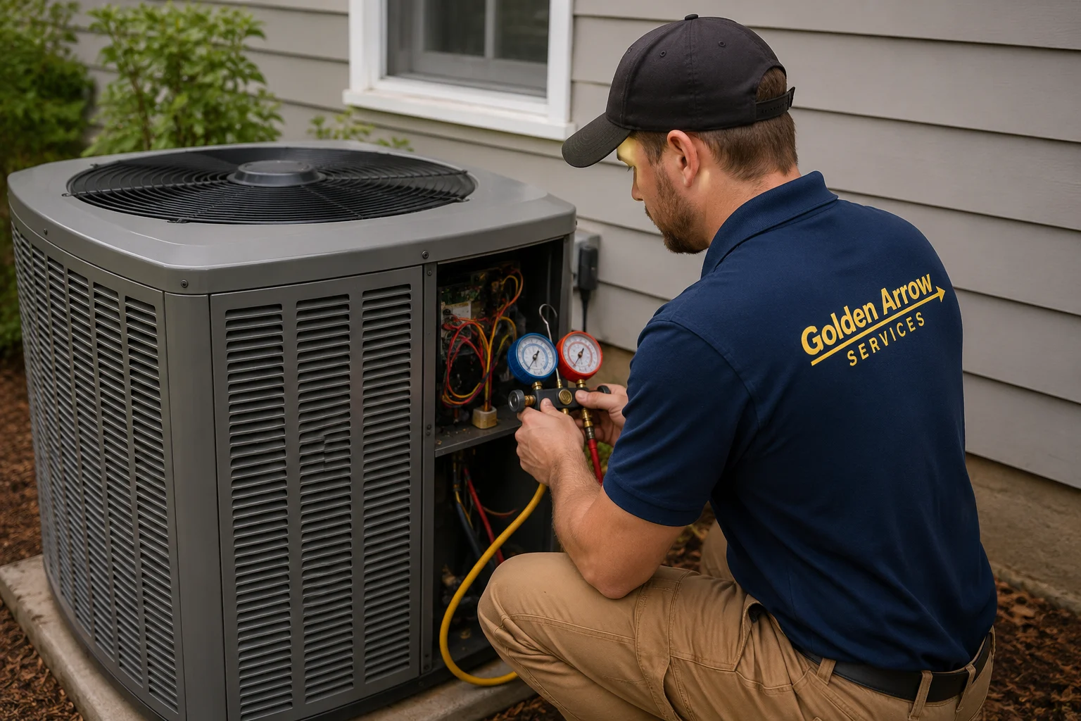 Golden Arrow Services HVAC technician diagnosing a residential heat pump running in emergency heat mode during an outdoor service call