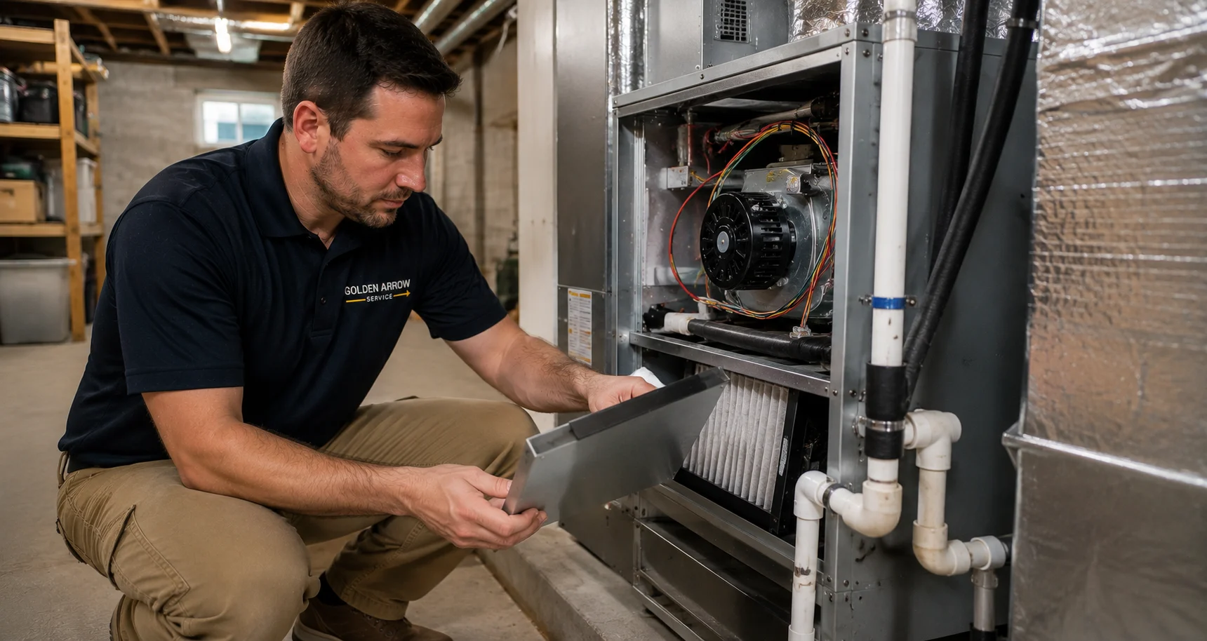 Golden Arrow Service technician inspecting an air handler and HVAC components in Northern Virginia