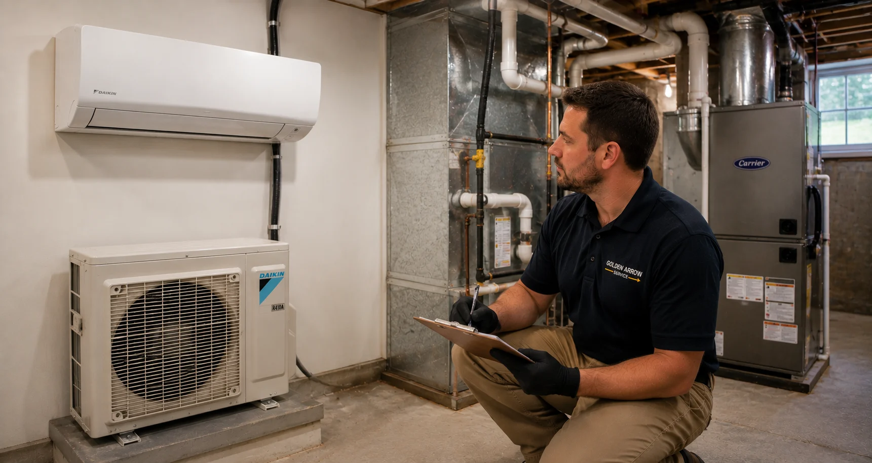 Golden Arrow Service technician comparing ductless mini-split and central air systems in Northern Virginia