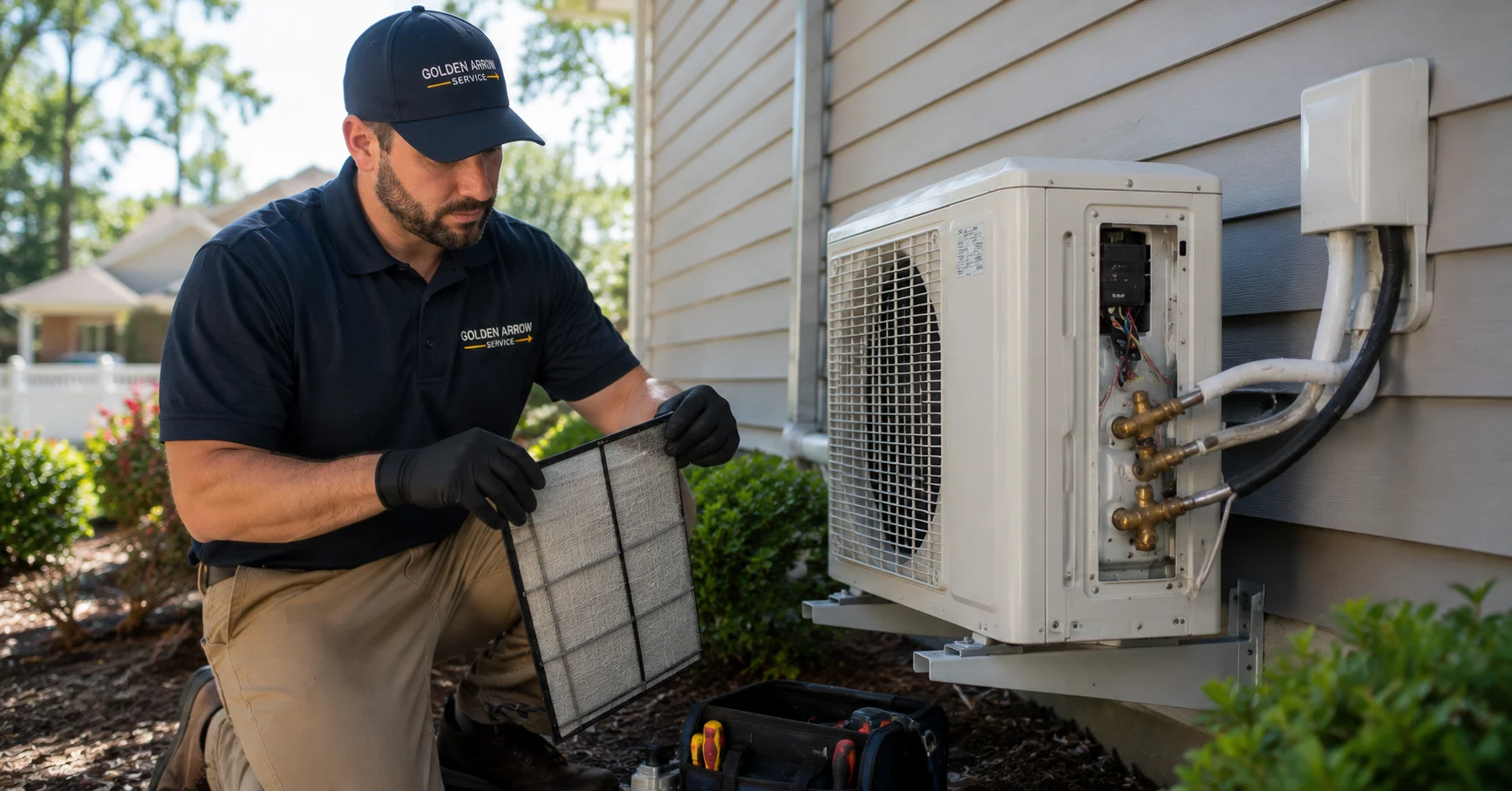 Golden Arrow Service technician cleaning a ductless mini-split system during pollen and humidity season in Northern Virginia