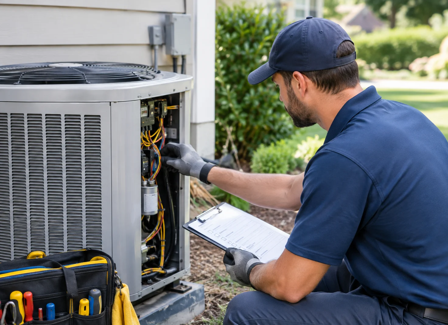 Golden Arrow Service HVAC technician inspecting an outdoor AC condenser during a residential air conditioning maintenance visit.